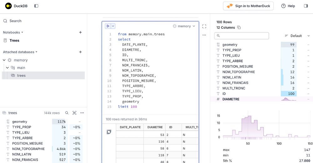 A screenshot of the duckdb ui mode