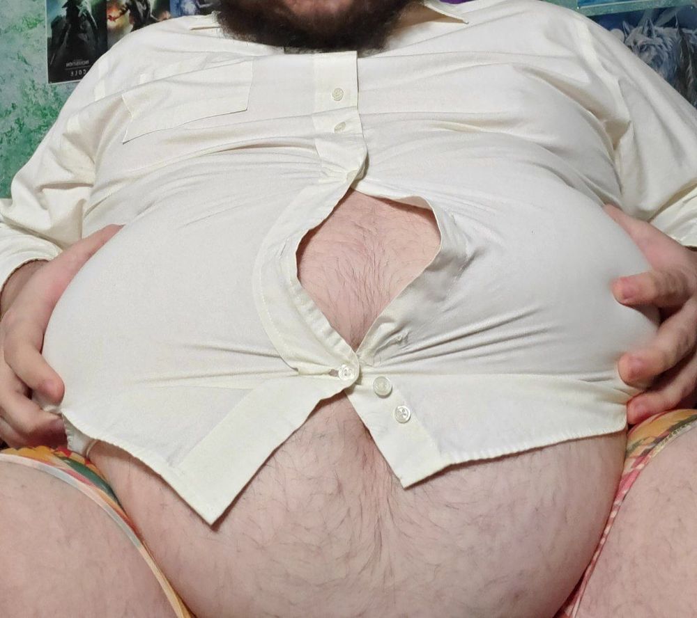 Fat piggy in tight button up shirt