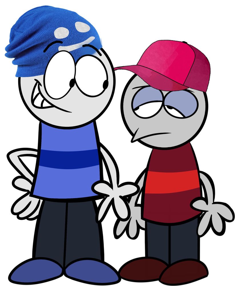 Two characters, a tall blue one, and a shorter red one.