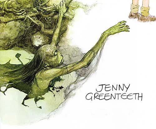 Jenny Greenteeth, demonic creature of British folklore, emerging from a pond to drag unwise children to its murky depths 
