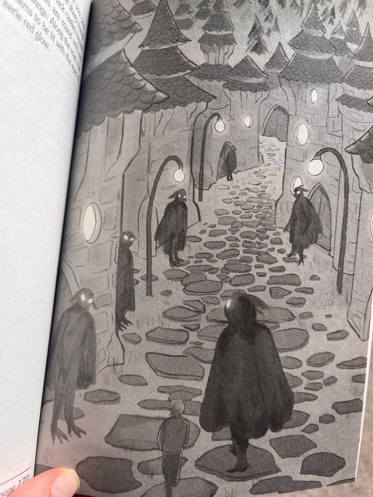 Illustration showing the main character following a Mothman into a labyrinthine town with cobbled streets full of Mothmen