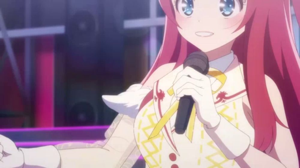 a girl with pink hair is holding a microphone in her hand