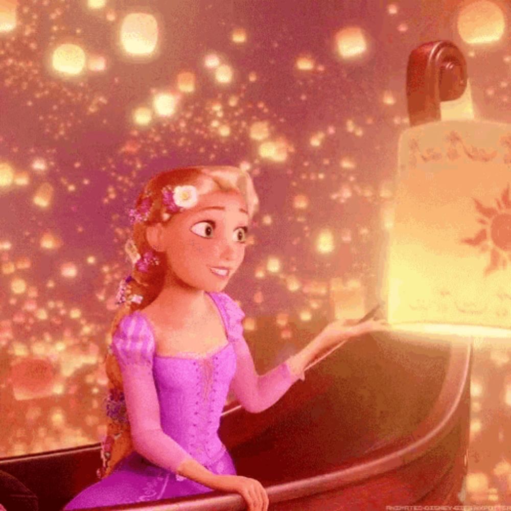 rapunzel from tangled is sitting in a boat with lanterns flying in the background .