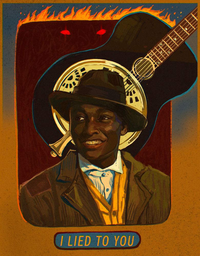 a digital portrait of Sammie from Sinners 2025. he's smiling and his guitar is framing his head like a halo. above him there's a pair of glowing red eyes. the top border of the frame is fire which is engulfing the guitar. at the bottom of the painting there are words "I lied to you"