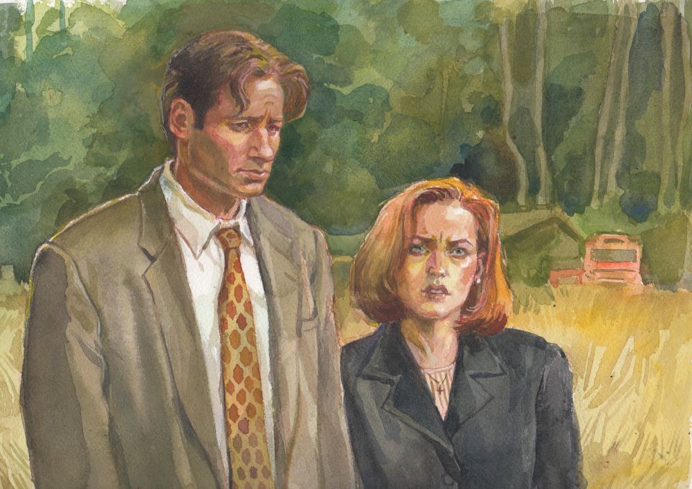 a watercolor painting of Mulder and Scully standing in the middle of a field, looking concerned 