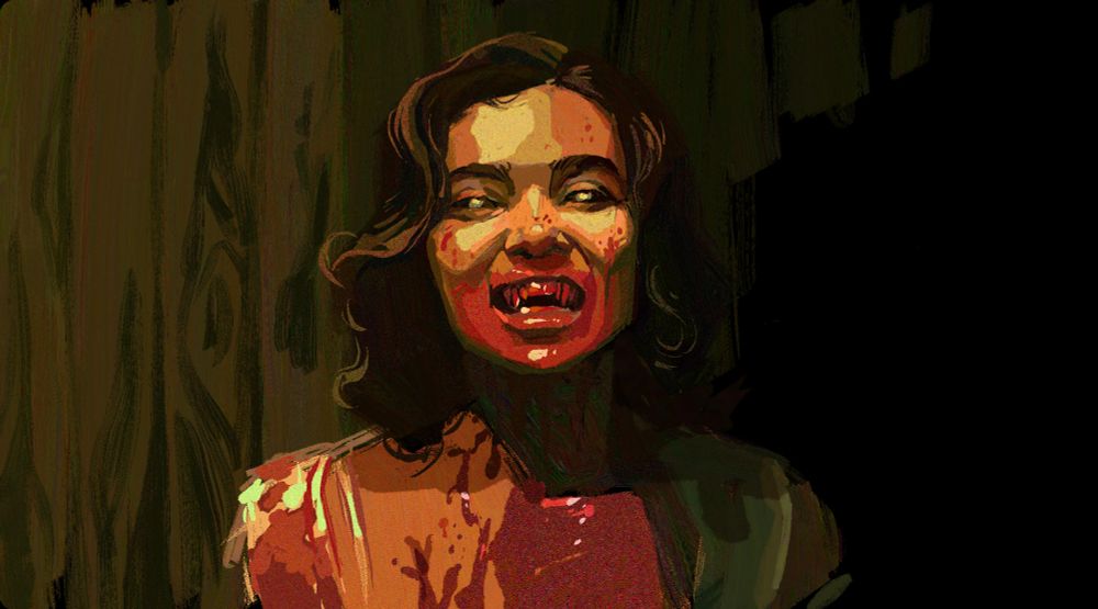 portrait of Mary, a light skinned young woman with dark curly hair and white glowing eyes. she's smiling, showing her sharp teeth. she's covered in blood