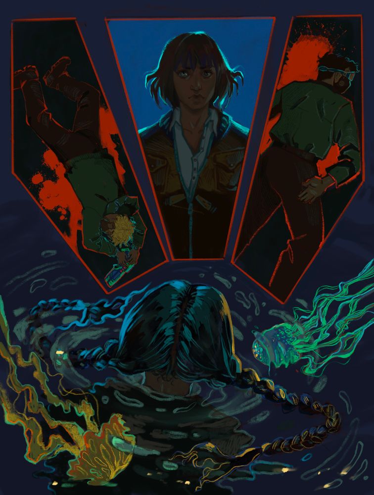 a comic page depicting a scene from Nona the Ninth. there are three vertical panels  with bright red frames. in the left and the right one there are two dead men lying face down in pools of blood. in the middle one there's Camilla, blue rim light framing her head and shoulders. in the bottom of the page there's Nona depicted from the back, her braids flowing in the water, a blue and a yellow jellyfish surrounding her.