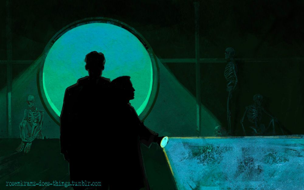 digital painting of a dark room with a big round window with greenish blue light streaming through it. on either side of the window, there are human skeletons. against the window, there are dark silhouettes of Mulder and Scully, with Scully holding a flashlight 