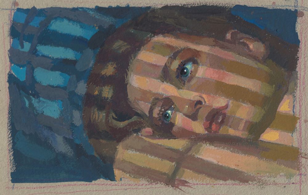 traditional portrait of Dana Scully from the x files. she's lying on her side, with stripped shadows from the blinds falling on her face