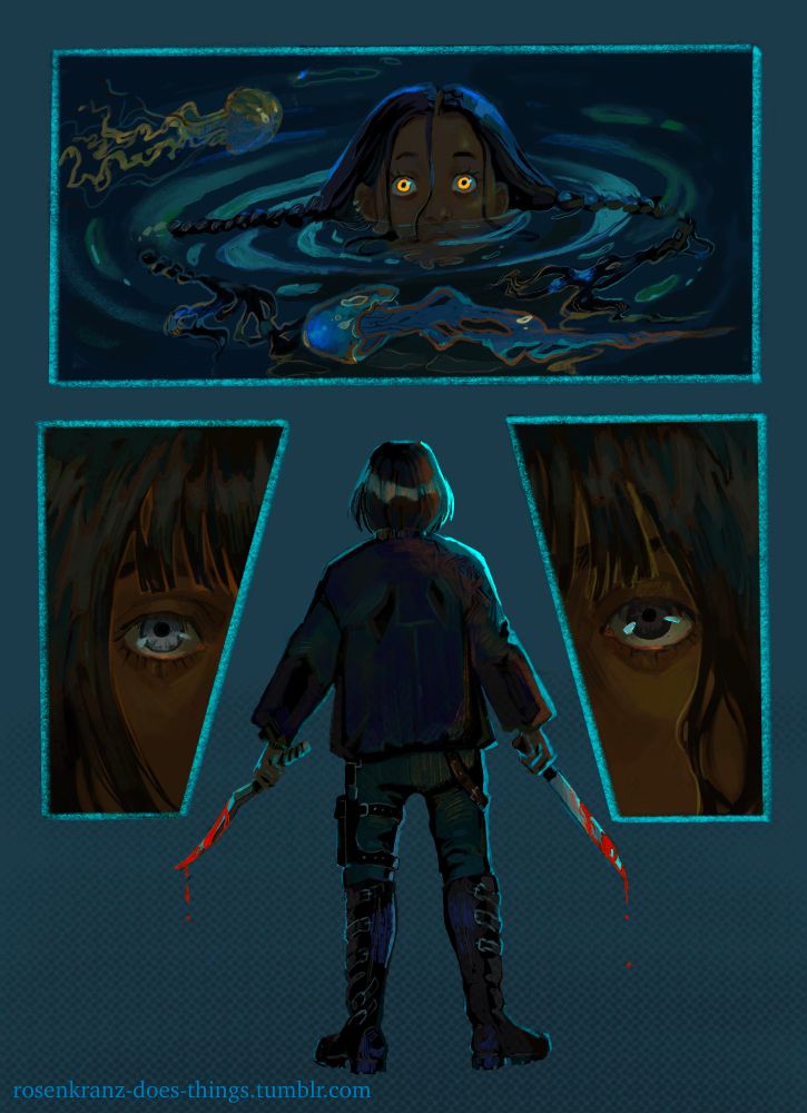 second page of the comic has three panels, one horizontal and two vertical ones. first panel depicts Nona, this time from the front, her eyes shining bright yellow, she's up to her nose in the dark water, the jellyfish circling her. on the left bottom panel there's a close-up of Camilla's eye, it's light gray. on the right panel there's Camilla's other eye, it's dark gray. between these panels Camilla stands, her back to the viewer, holding two knives coated in bright red blood.