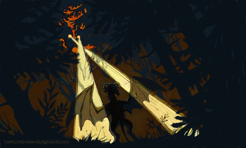 dark forest with jersey devil spreading its wings, lit by two flashlight beams