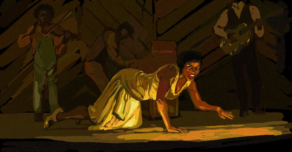 a digital painting of Pearline, a young black woman, singing while standing on the stage on all fours. behind her there are musicians.