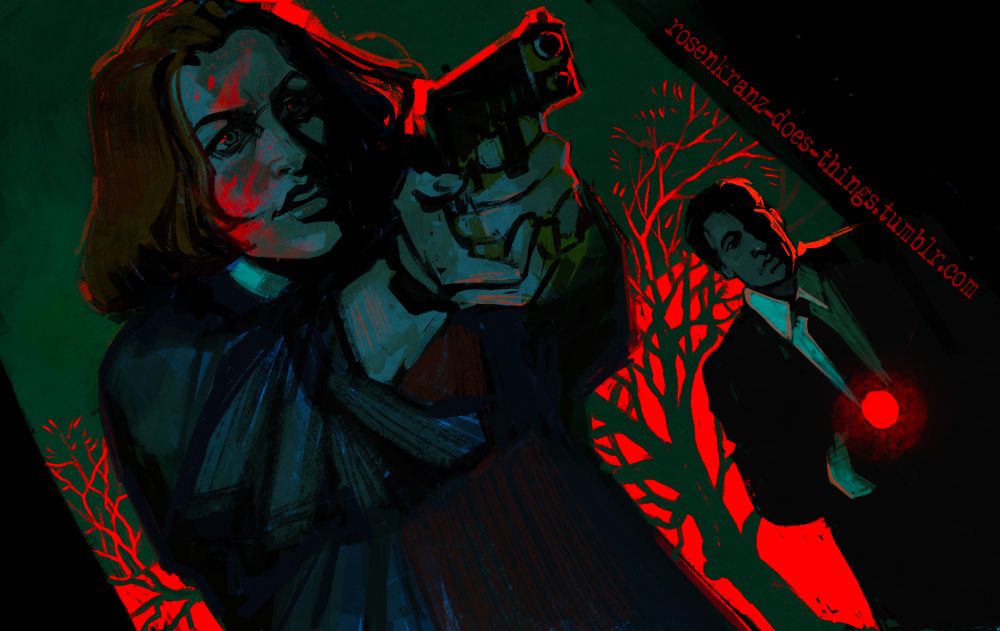an illustration of Scully in the foreground, holding a gun, with bright red blood smeared on her face. Mulder is in the background with a bright red flashlight. there are green silhouettes of trees behind them