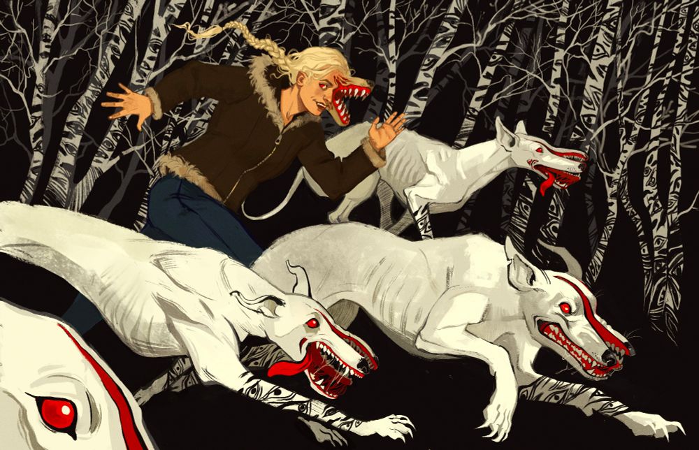 illustration of Charity and the snare dogs from The Silt Verses podcast. they're running among the birch trees whose bark resembles eyes. the dogs' legs have the same eye pattern. the dogs are white with red eyes, their faces split in the middle. Charity is a young white woman with a long blonde plait. she also has red eyes. her ears are a little pointed. there's a dog maw growing on her face. 