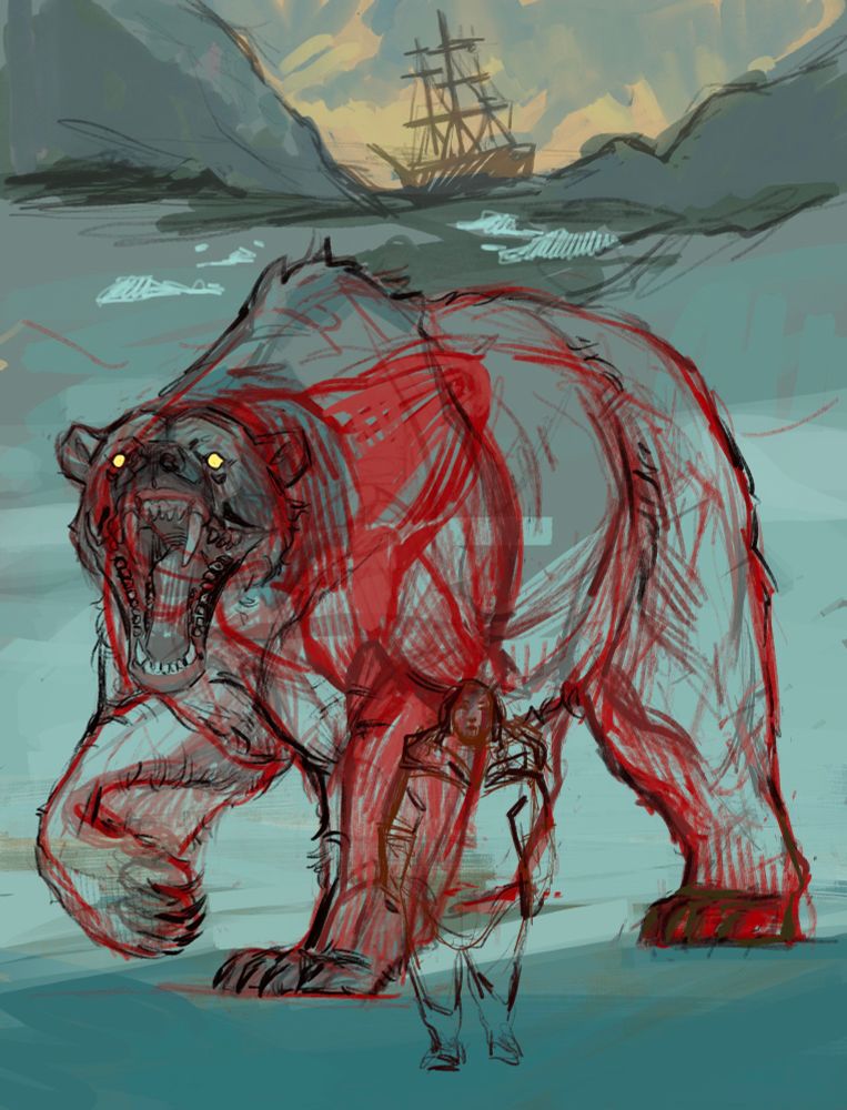 a rough sketch of Tuunbaq and Silna from The Terror. Tuunbaq is a huge polar bear. the sketch shows its muscles underneath its fur, it was artist's attempt to understand bear anatomy