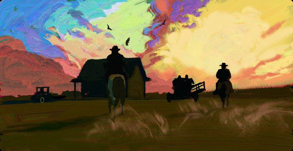 a landscape at dusk, with silhouettes of a small lone house, and two men riding horses