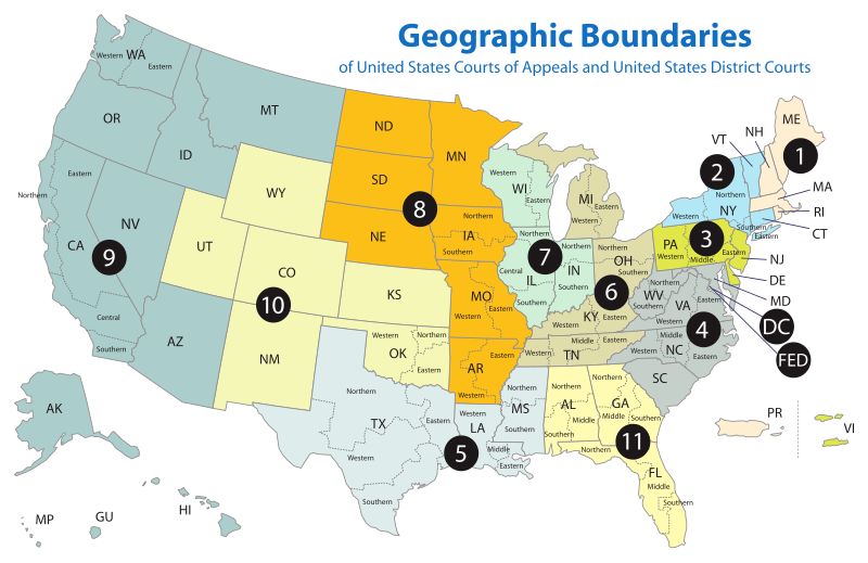 A map of the United States showing which states are covered by which federal court districts.