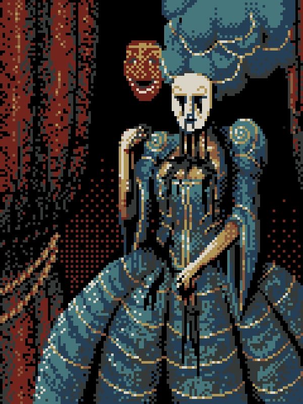 Une image en pixel art représentant une femme en robe renaissance, portant un masque dont dégouline un liquide noir qui se déverse sur elle.