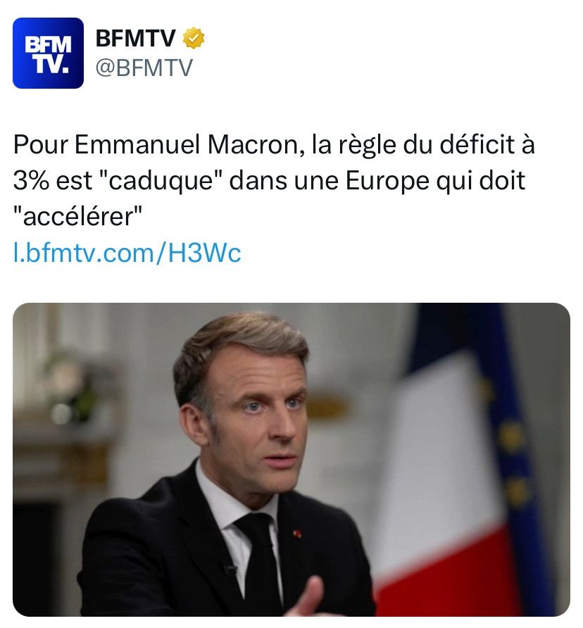 Article de BFMTV 
Pour Emmanuel Macron, la règle du déficit à 3% est "caduque" dans une Europe qui doit "accélérer"