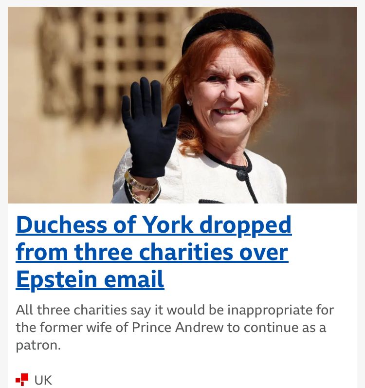 BBC website news that Fergie has been sacked by 3 charities over relationship with (Trump & Mandelson associate) Epstein.  

Face of Fergie is a state … hate ages