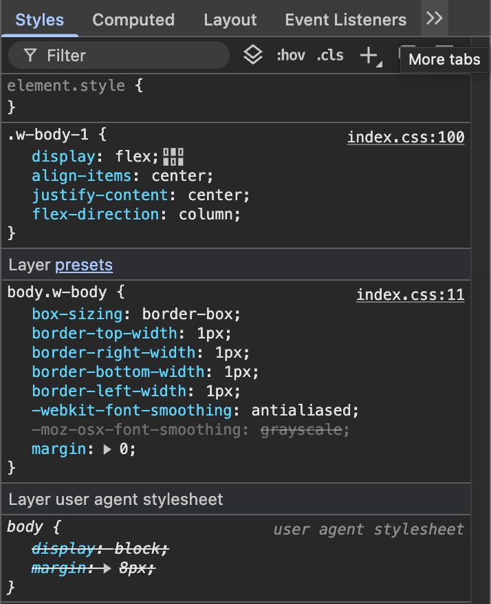 Chrome devtools screenshot with regular styles, "presets" layer and user agent stylehseet layer.