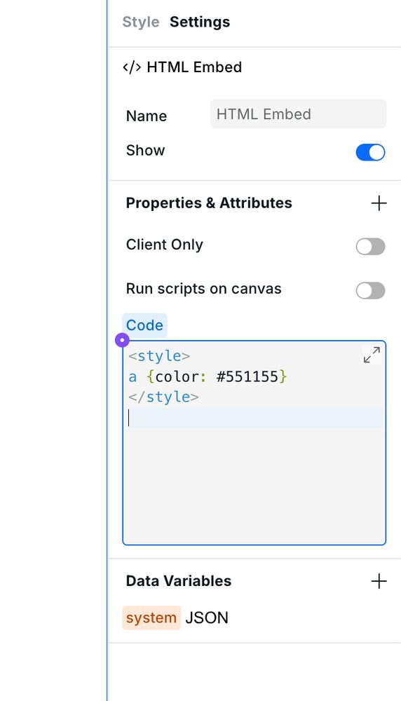 Example of styling links with HTML Embed component in webstudio
