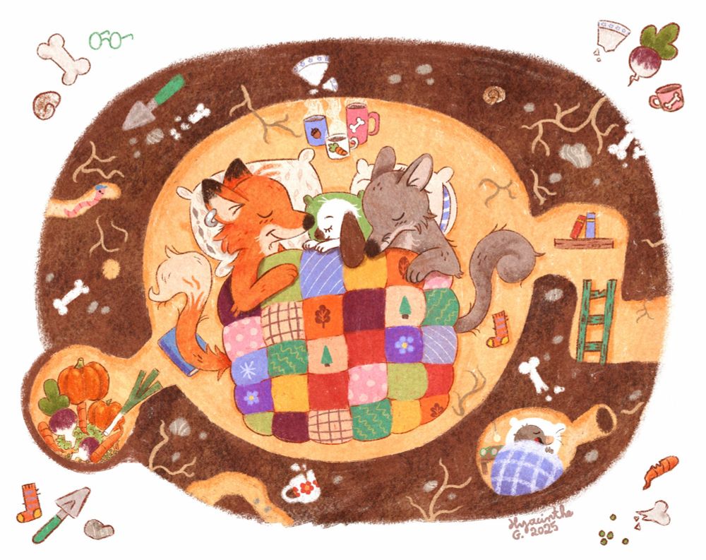 Illustration of a fox, a bunny and a wolf sleeping in their burrow, under a patchwork blanket. There is a cute mole sleeping in another hole and a pantry full of vegetables. There is a lot of objects burried in the dirt : bones, broken cups, stones...