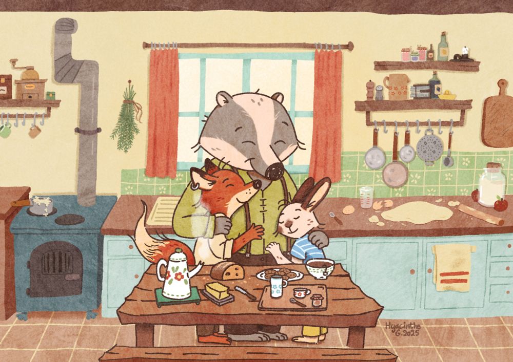 Illustration of a badger, a fox and a bunny, hugging in a cozy and cottage core kitchen. In front of them, the afternoon snack is prepared on the table.