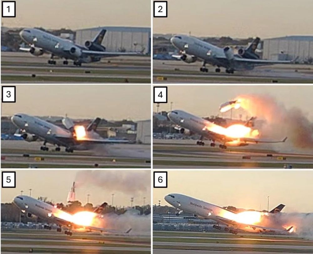 NTSB image of UPS plane crash, six frames showing the left engine of the plane disconnecting from the plane right at liftoff