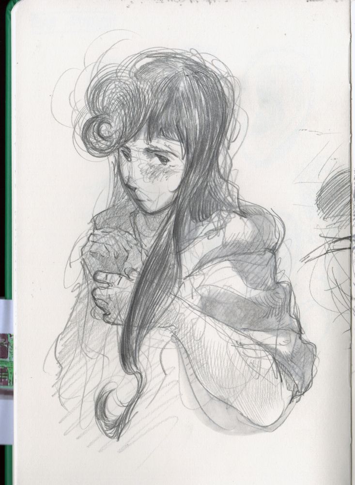 pencil graphite drawing of my character acceptia, she is seen from above looking serious with dark wavy hair