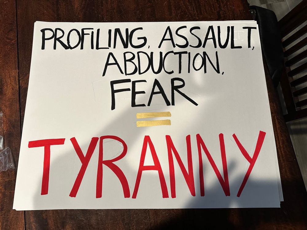 Sign that reads “Profiling. Assault. Abduction. Fear = Tyranny” 
