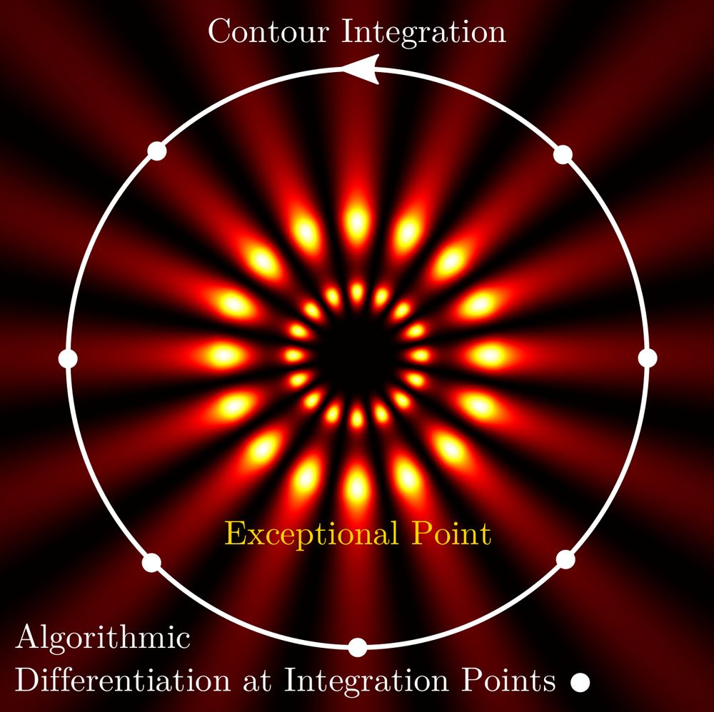 Schematics showing a visualization of an electromagnetic field distribution at an exceptional point, as well as a contour integral used for its computation.