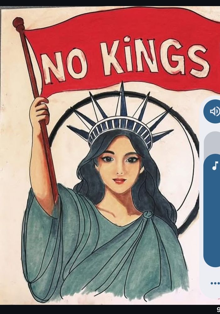 Brunette dressed as Liberty statue holding "no kings" sign