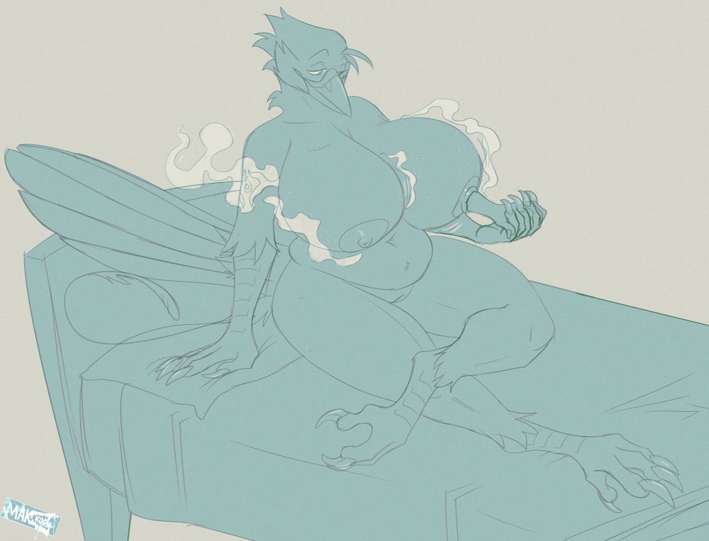 Nova the blue jay phoenix sitting on the bed while her well endowed form swallows up her companion, holding the dog's hand affectionately while her nipple consumes the corgi, magic coming from her tattoos and chest