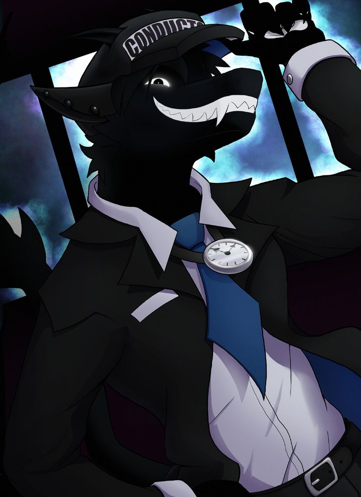 An anthropomorphic long snouted creature with a grin of sharp white teeth and white eyes, and pure black everywhere else. They wear a train conductors outfit with a blue tie and watch around their neck. An unknown space like area can be seen through the train cart windows behind them.