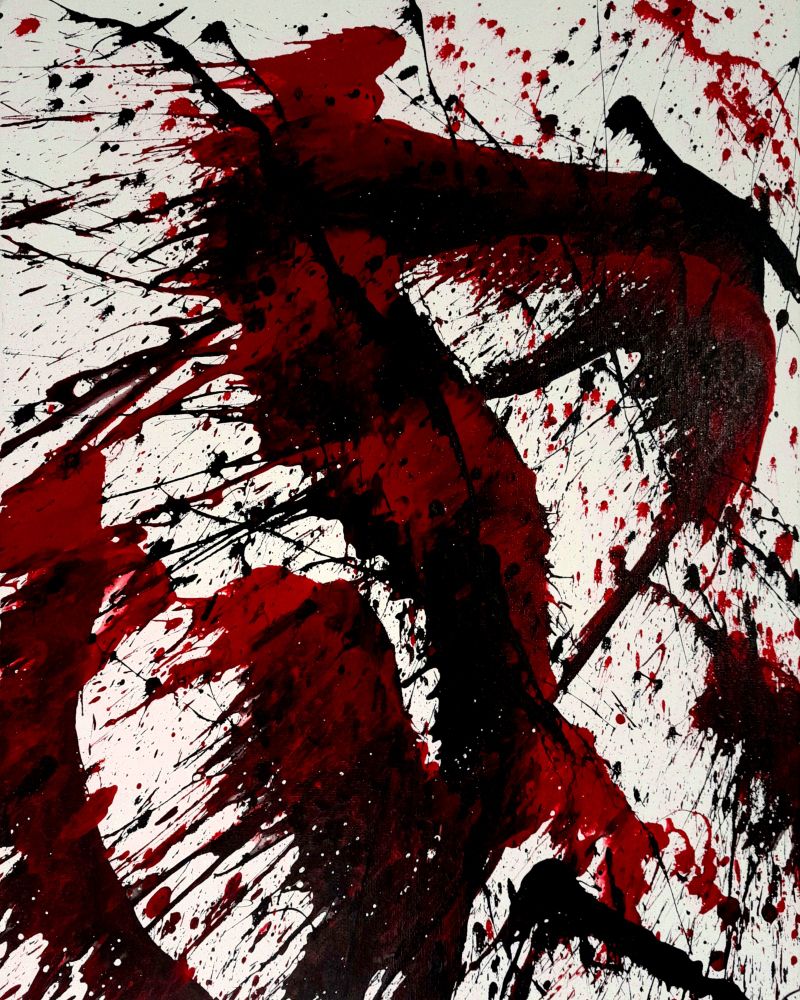A vile and disturbing painting composed entirely of shades of red, black and white. The gore in this one is splattered almost sideways across the canvas, like it's the scene of an incredibly violent murder.