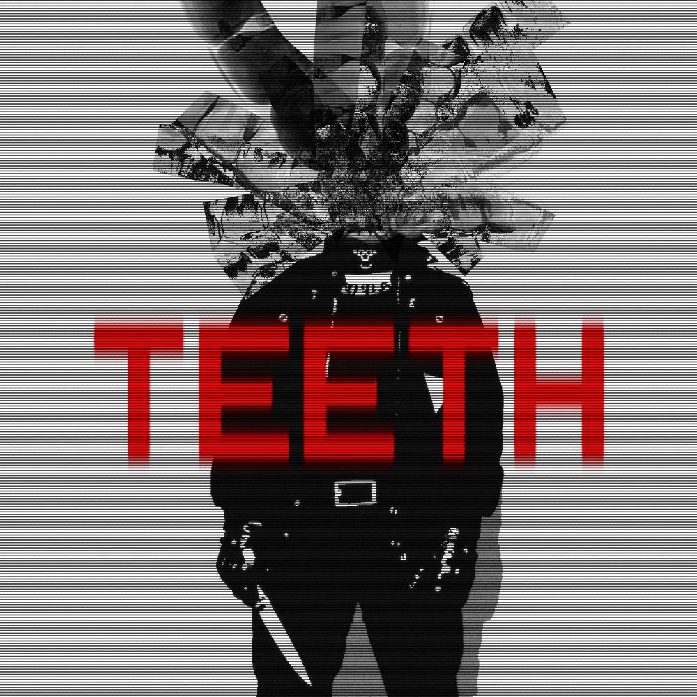 A brutal-looking high-contrast black and white photo of Ash against a white background, wearing all black with a military jacket, leather gloves and a leather collar, holding a knife casually. Their face is obscured by a huge surreal collage of tooth x-rays blossoming where their head should be. The word "TEETH" in vibrant red is superimposed over their chest in huge VCR mono font, seeming to vibrate with intensity. The whole image is grainy and scanlined.