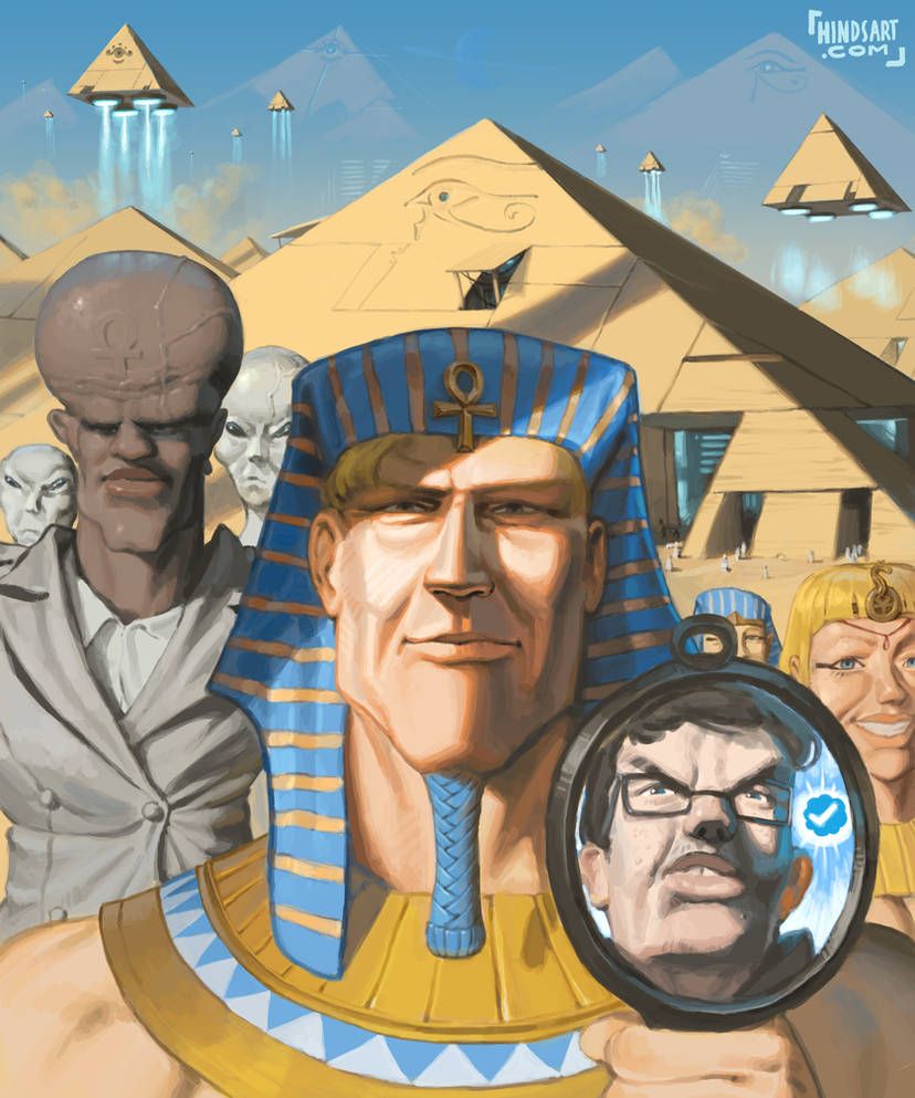 White Hotep pharaoh holding a mirror up to a Twitter bluecheck chudjak while Yakub looks on encouragingly and ancient aliens and flying pyramids are in the background.