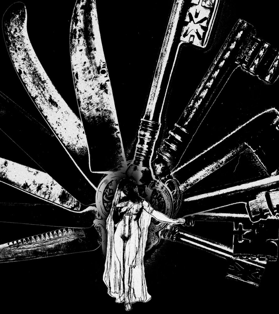 A grimy high-contrast monochromatic punk collage of a sketch of a veiled nude woman with huge angelic wings composed of knives on her right side and keys on her left.