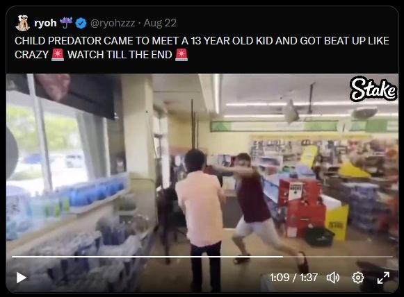 A screenshot of some shithead influencer playing at being a vigilante by going out and filming him and his buddy assaulting some guy in a Dollar Tree. 