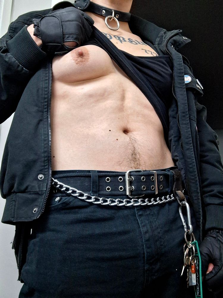 trans dyke butch titty chains leather collar fuzzy happy trail