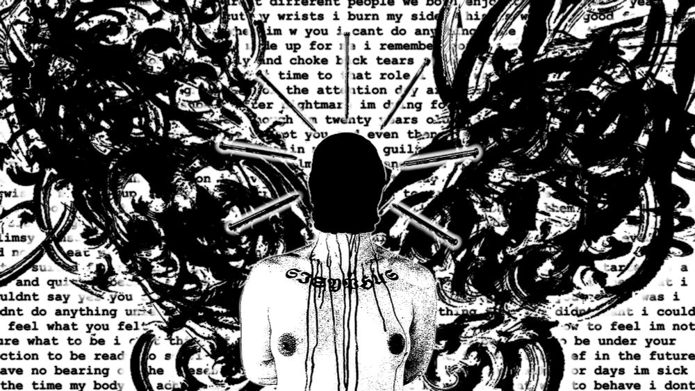 A stark, blown-out high-contrast image depicting Asheroth nude with her hands bound behind her back and a black bag over her head. Blood is running in several streams from underneath the bag. Her head is surrounded by a halo of eight-inch nails, pointed inward towards her head. Huge inky-black surreal-looking wings spread out from her back. In the background, fragments of text can be seen rambling about self-harm, depression, sickness, etc.
