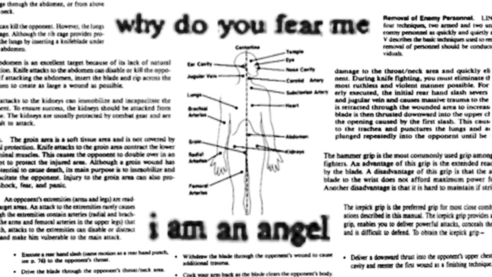 A stark black and white collage depicting fragments from a military manual about close-quarters combat. Chunks of text clinically describing methods and strategies of killing surround a central figure, a diagram of a human body on which only the spots most vulnerable to being stabbed have been labeled.

Larger text has been snipped together from fragments of the original text:

"why do you fear me
i am an angel"