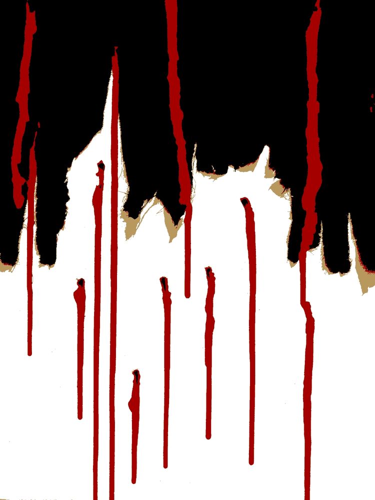 A vile and disturbing painting composed entirely of shades of red, black and white. The white canvas is partially hidden by a shredded black cloth, and bleeding holes are punched into the work itself, as if it's a body that has been savagely stabbed many times.