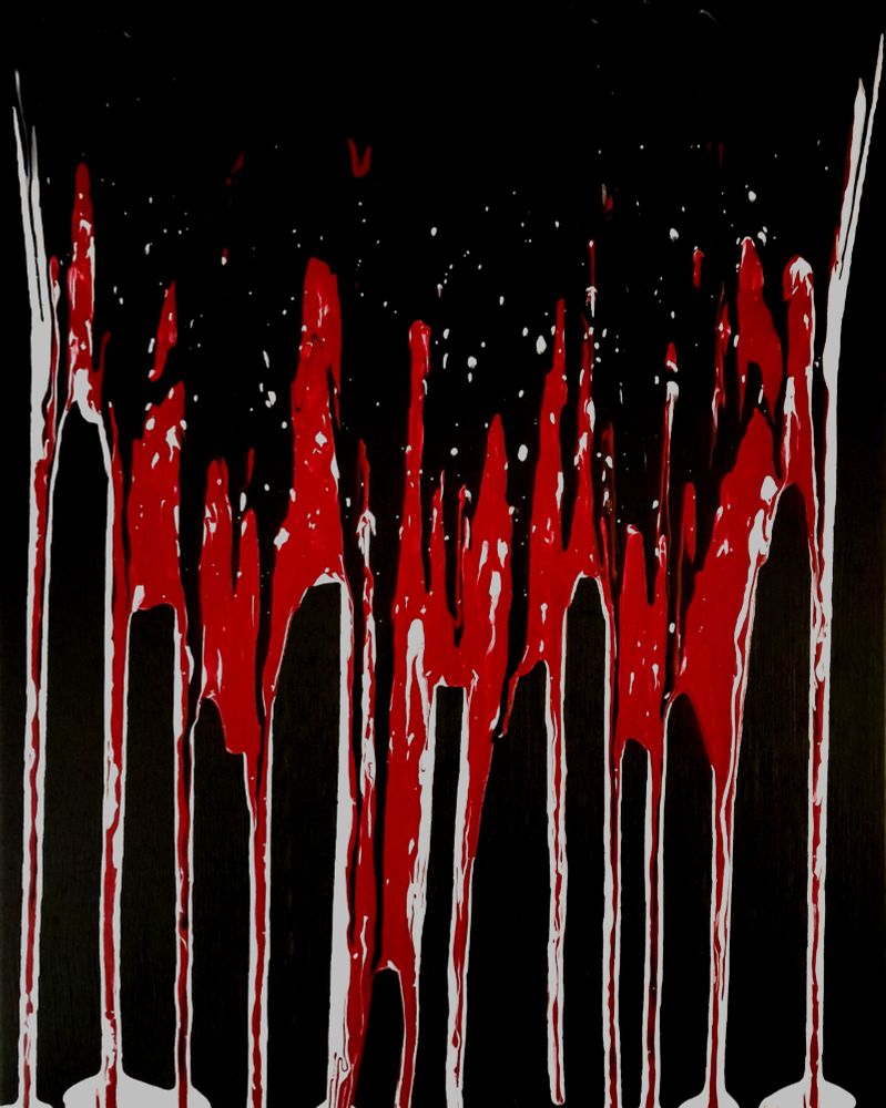A vile and disturbing painting composed entirely of shades of red, black and white. It drips down the canvas, still glistening like fresh gore.
