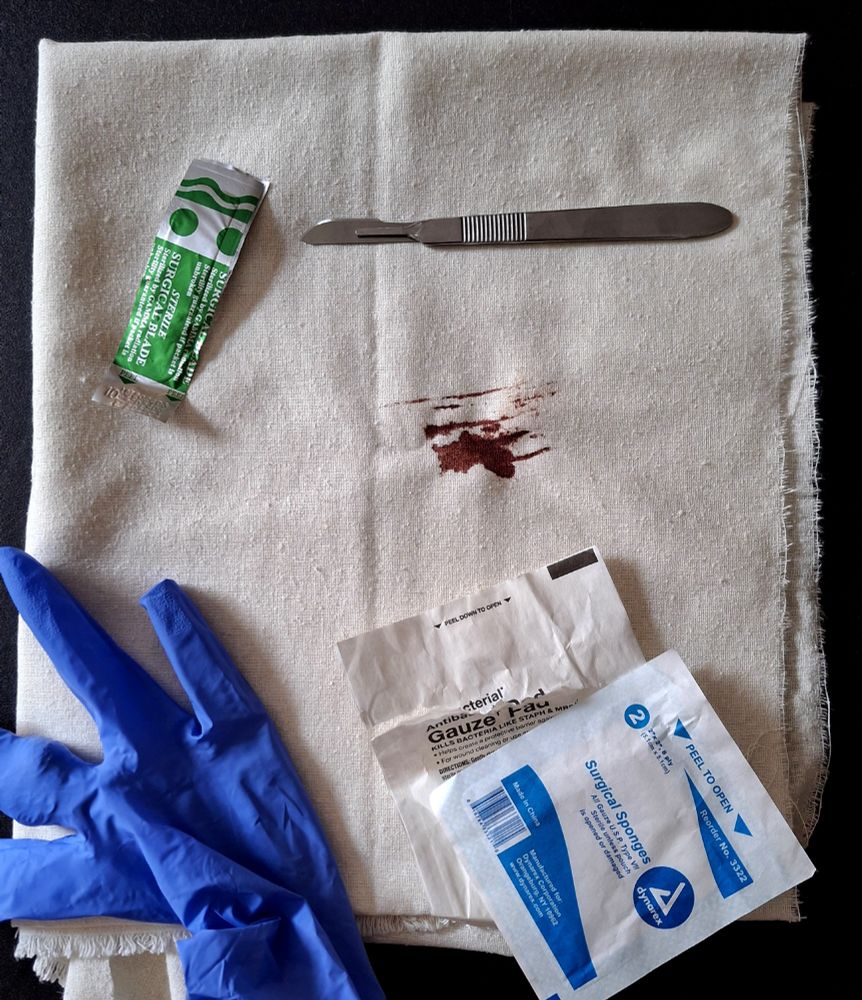 A bolt of raw silk with a bloodstain on it. Laying on the silk are a scalpel, the sterile wrapper for a scalpel blade, a blue nitrile exam glove, a couple of sterile wrappers for gauze and surgical sponges.