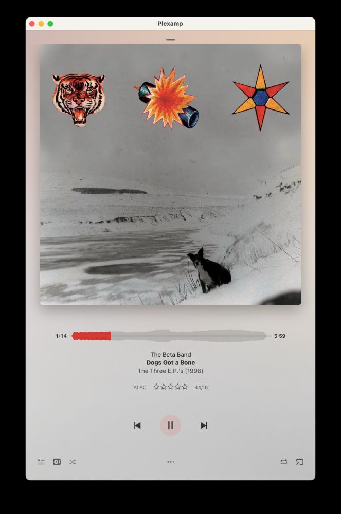 Screenshot of a Plexamp playing “Dogs Got a Bone” from the Beta Band’s “The Three EPs” release.