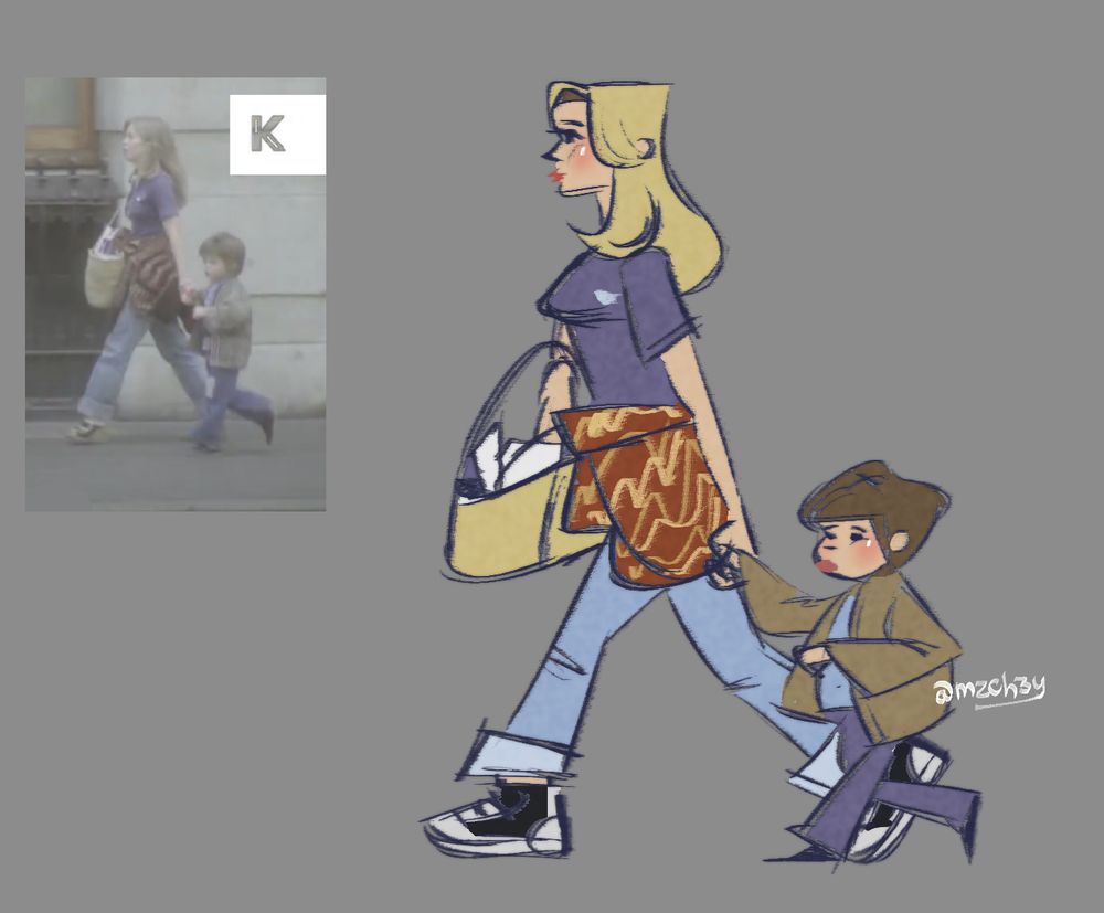 sketch of a young woman with shoulder length blonde holding a brown bag, short sleeve blue top and brown patterned cloth around her waist holding a shorter little boys hand. The boy has brown hair, a pouty face and a baggy brown coat with a blue top underneath and blue trousers