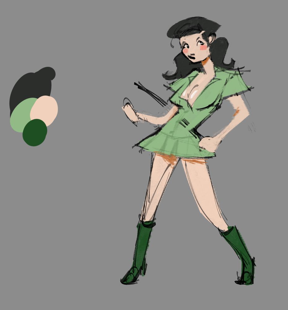 fullbody art of a tan? white woman in a light short green dress, dark green knee high boots holding a stick with black pigtails