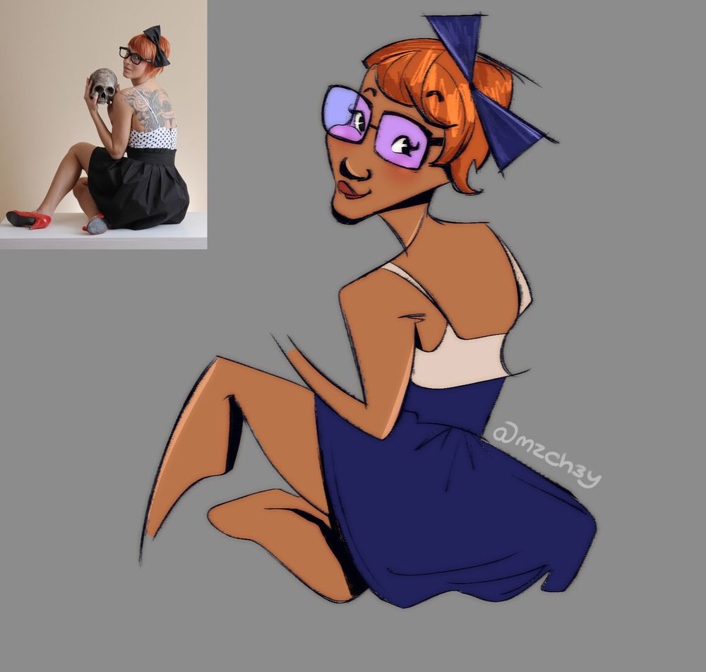 drawing of a black girl with short pixie cut ginger hair, a big blue bow and big square frame glasses looking over her shoulder. She's wearing a dress with her back exposed a bit, its beige at the top and a dark blue bottom half thats poofy. One leg is up and bent and the other is bent lower down under her dress. The reference picture is in the top right in the same pose 